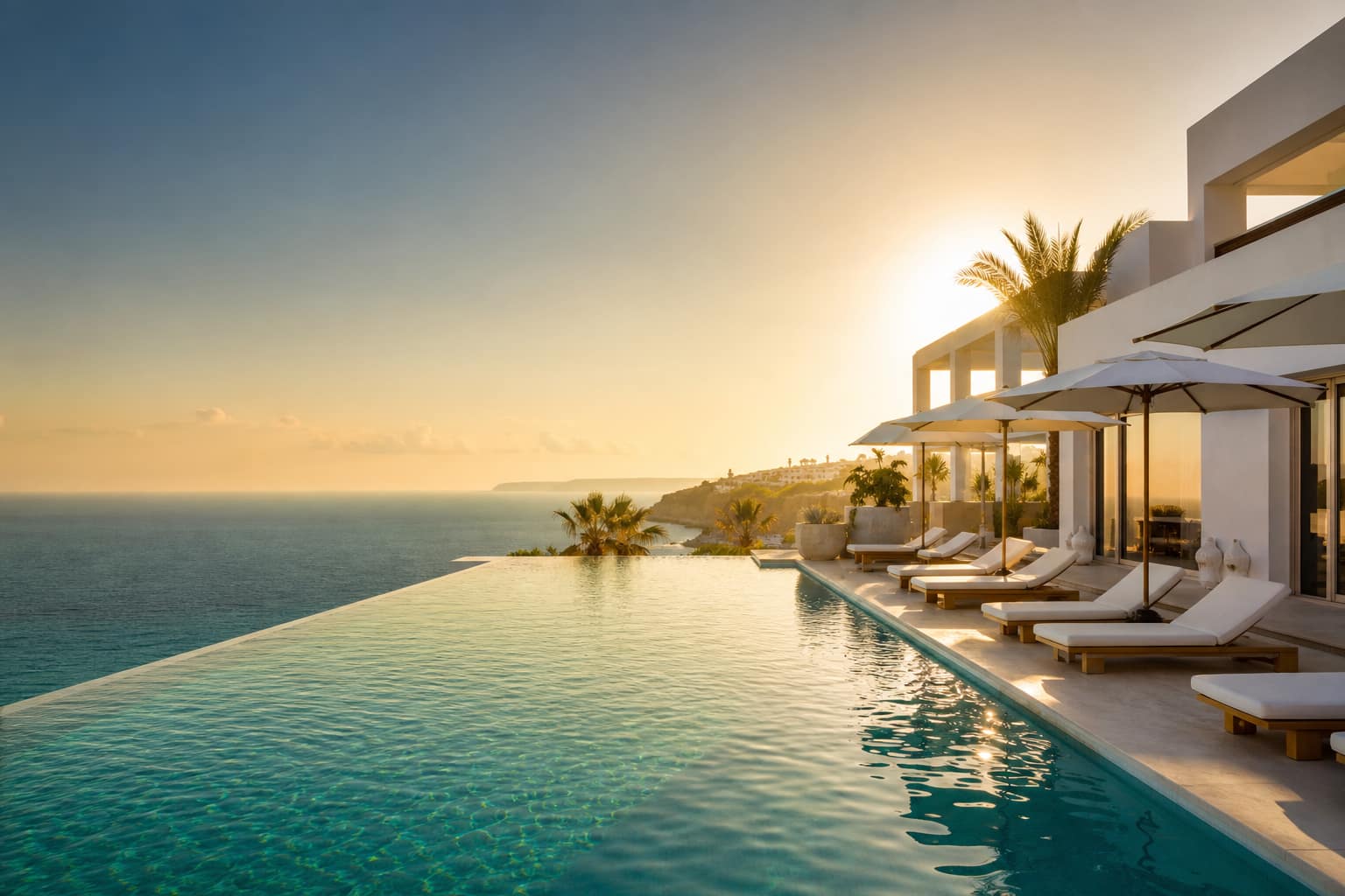 Piscine à débordement d'un hôtel de luxe au coucher du soleil