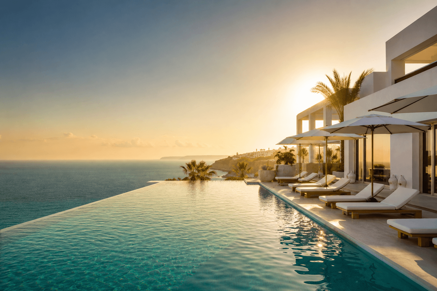 Piscine à débordement d'un hôtel de luxe au coucher du soleil